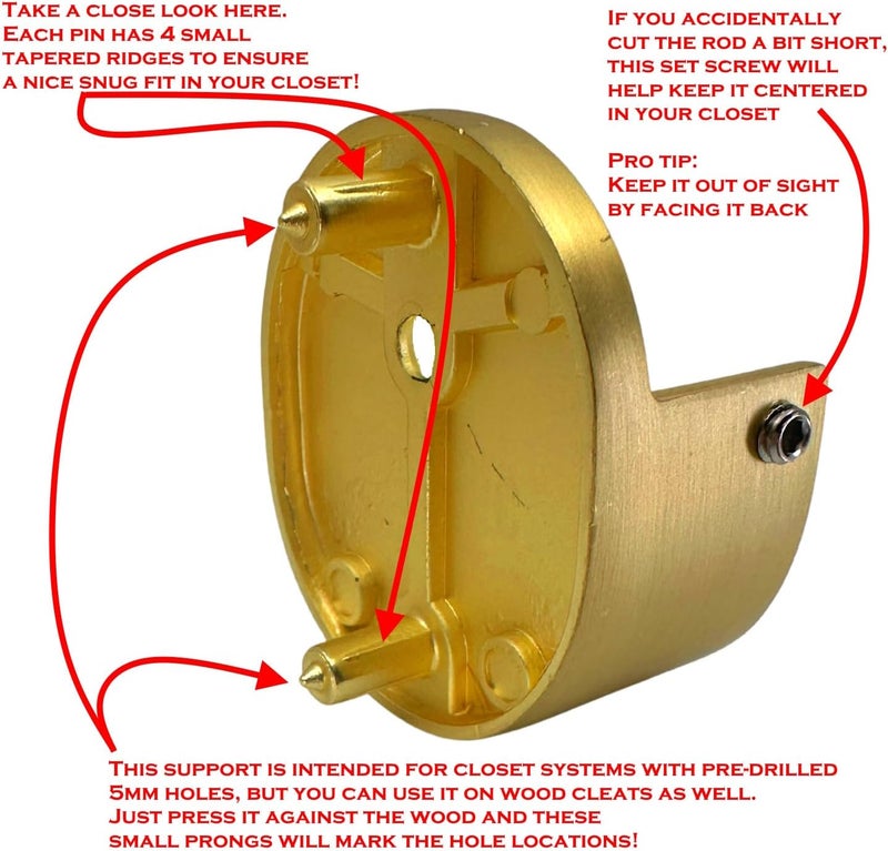 Desunia Closet Rod Support Flanges with Rear Pin |Heavy Duty Clothes Pole End Sockets for Wardrobes | Satin Brass | 50 Pack - Image 2